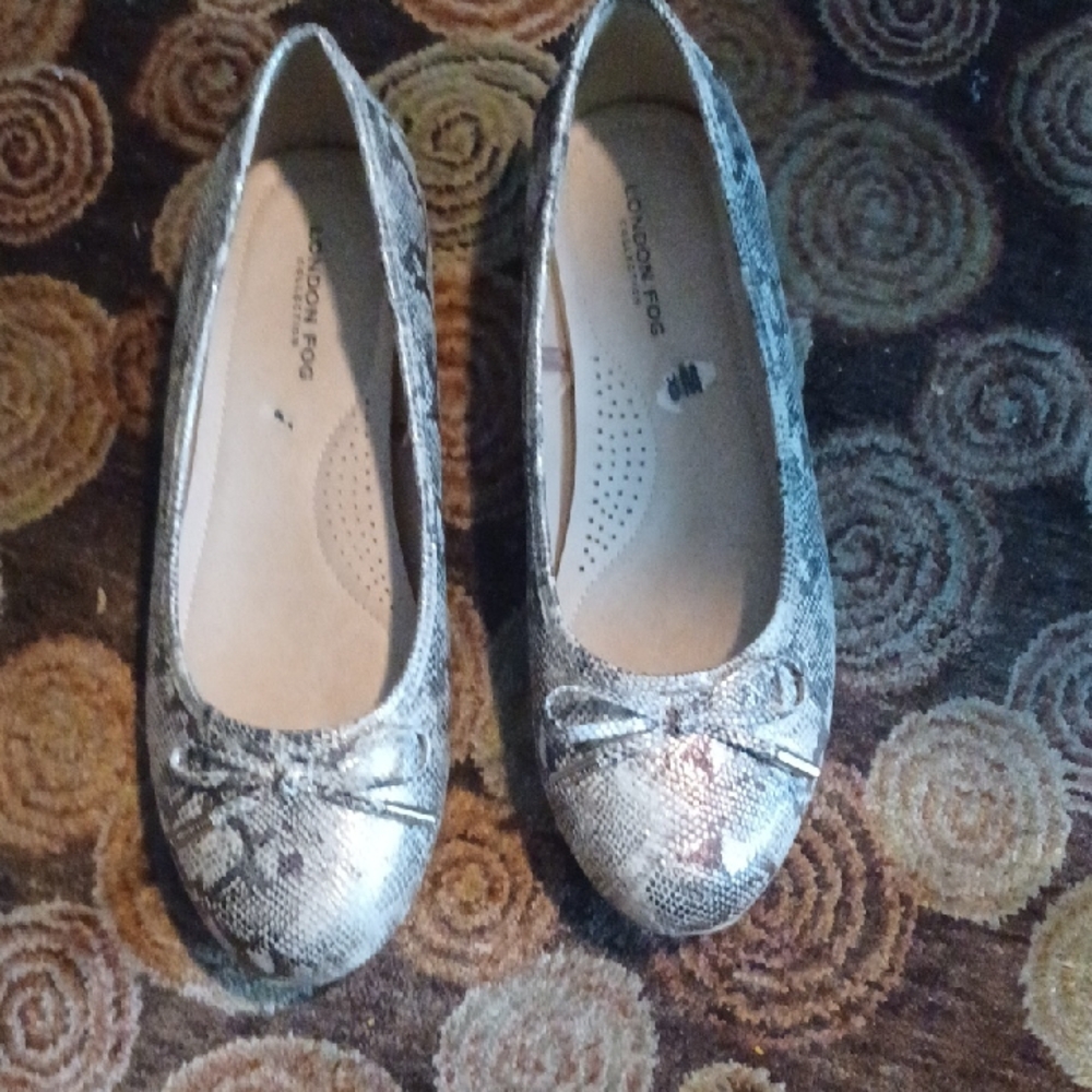 London Fog Metallic Snake-Print Ballet Flats
